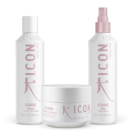 I.C.O.N. Cure Regimedy. Cure shampoo, Cure conditioning treatment, Cure spray.