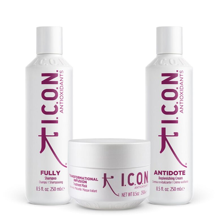 I.C.O.N. Antioxidant Regimedy. Fully shampoo, Antidote cream en Transformational Infusion masker.