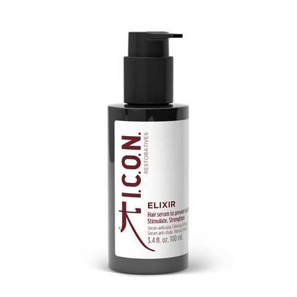 I.C.O.N. Elixir Hair Serum 100ml - Tegen haaruitval - Wat is het? Leave-in serum voor het haar.  Voor wie is het? Ontworpen voor alle haartypen.  Wat doet het? Herstelt, stimuleert, versterkt en helpt haarverlies te voorkomen.  Hoe gebruik je het? Gebruik dagelijks op fris gewassen haar. Maak handdoekdroog en breng direct aan op de hoofdhuid, masseer in en style. Kan ook aangebracht worden in droog haar.  Actieve ingrediënten Procapil Vitamine B3 Tripeptides